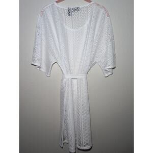 White Crochet Pullover Womens Open Weave Swim Cover Up Dress With Belt XL